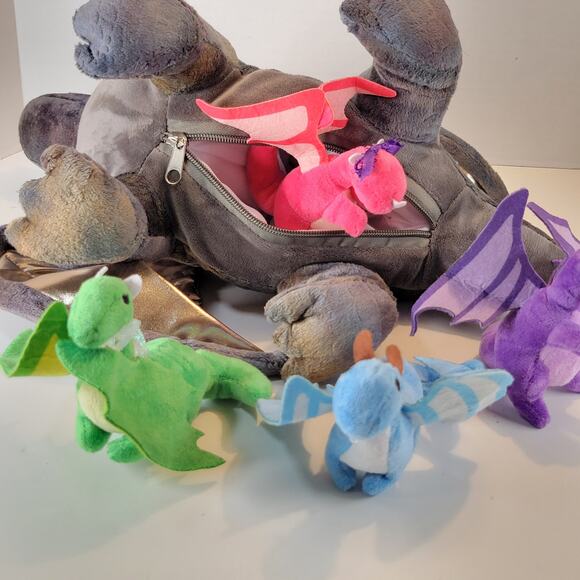 Gold & Gray Dragon Plush & 5 Mini Dragons Inside 15" Stuffed Animal Plushy - Picture 3 of 11